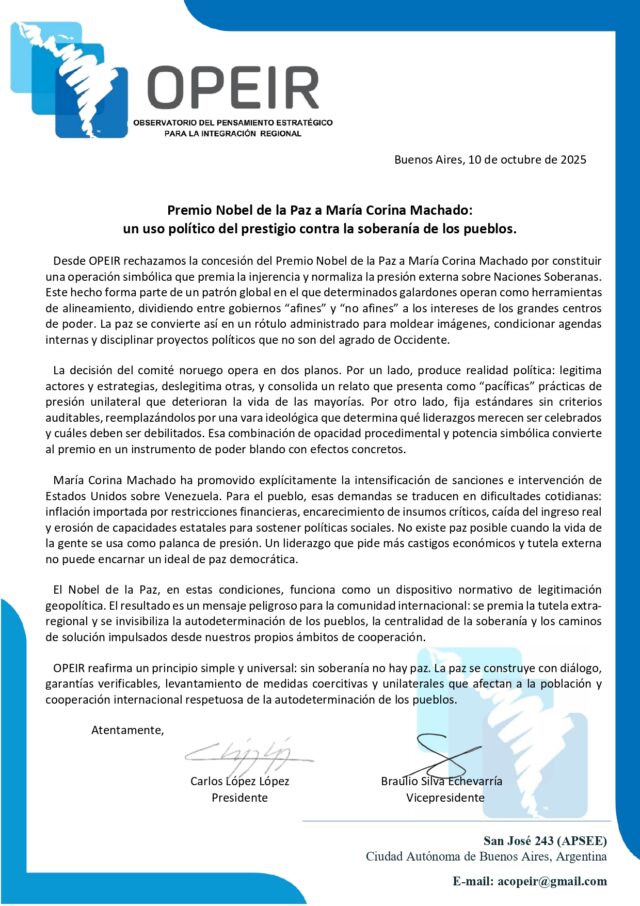Repudio al premio Nobel de la Paz a Maria Corina Machado